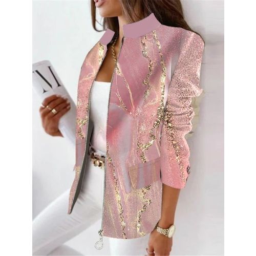 Casual Zipper Abstract Graphic Stand Collar Jacket